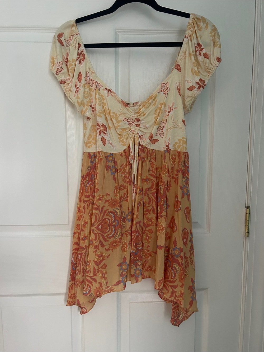 Free People Cream and Tan Floral Babydoll Top